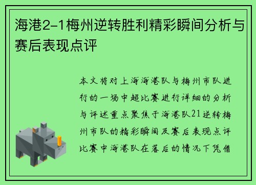 海港2-1梅州逆转胜利精彩瞬间分析与赛后表现点评