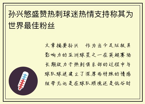 孙兴慜盛赞热刺球迷热情支持称其为世界最佳粉丝