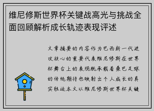 维尼修斯世界杯关键战高光与挑战全面回顾解析成长轨迹表现评述
